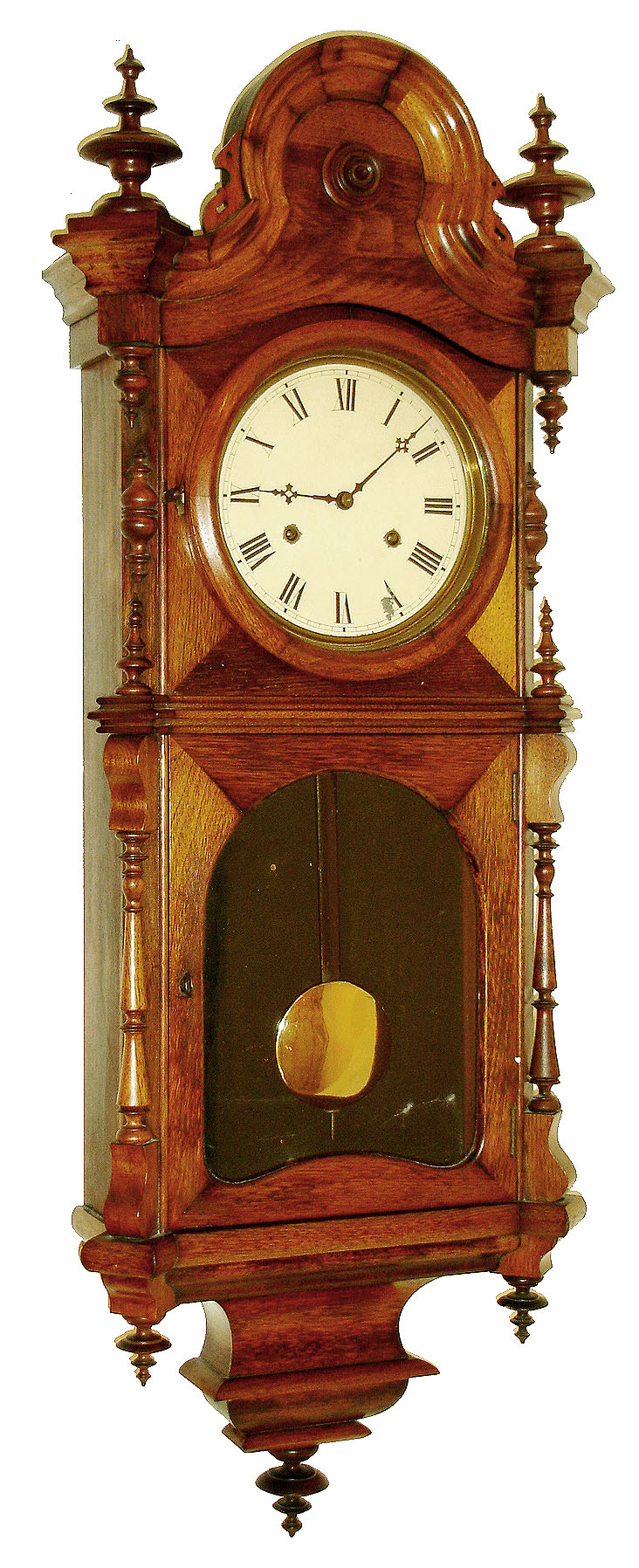 Welch, Spring & Co., Forestville, Conn., "Regulator No. 4" wall clock, 30 days, time only, double spring driven, nickel plated movement with club foot escape wheel in a black walnut case with turned columns and finials, black flocking on backboard and painted metal dial, c1874 — Antique Clocks Price Guide