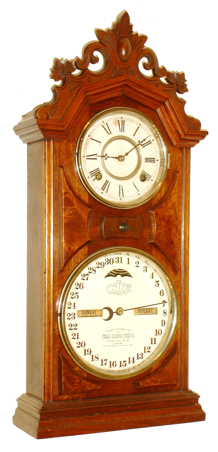 Ithaca Calendar Clock Co., Ithaca, N.Y., "No. 8 Shelf Library" mantel clock, 8 days, time, strike and perpetual calendar, spring driven movement in a walnut and burled walnut case with papered time dial and painted metal calendar dial, c1880 — Antique Clocks Price Guide