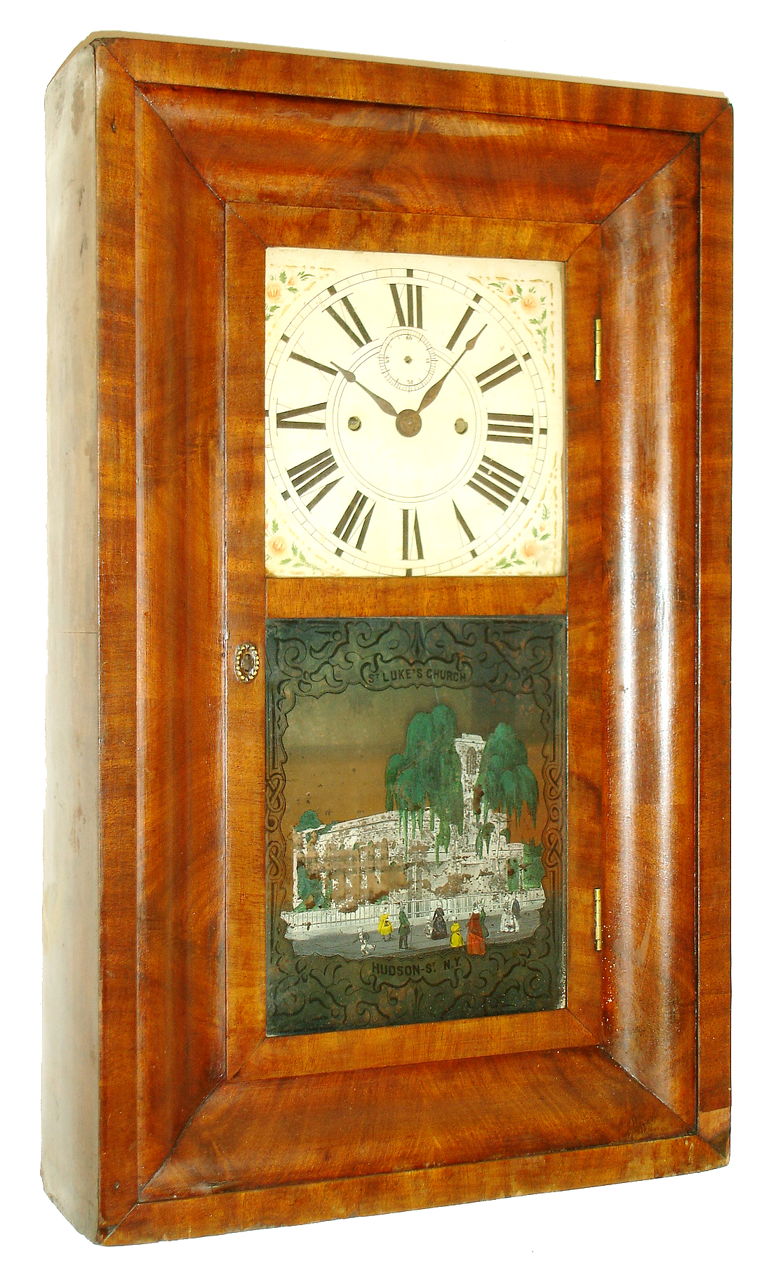 Richard Ward, Salem Bridge, Conn., for Wightman & Sperry, New York, "Salem Bridge" OG mantel clock, 8 days, time and strike, compound weight driven movement in a mahogany veneer case with painted wooden dial, c1838 — Antique Clocks Price Guide