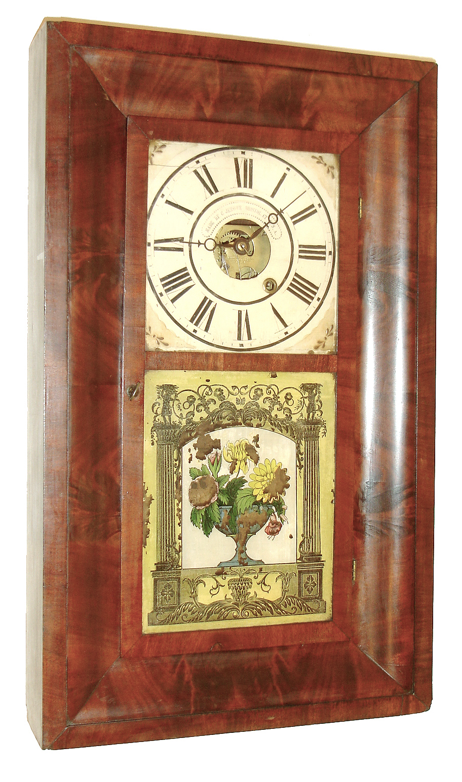 Chauncey Jerome, Bristol, Conn., OG mantel clock, 8 days, time only, weight driven movement in a standard size 30 hours, OG mahogany veneer case with painted wooden dial and reverse painted tablet, c1838 — Antique Clocks Price Guide
