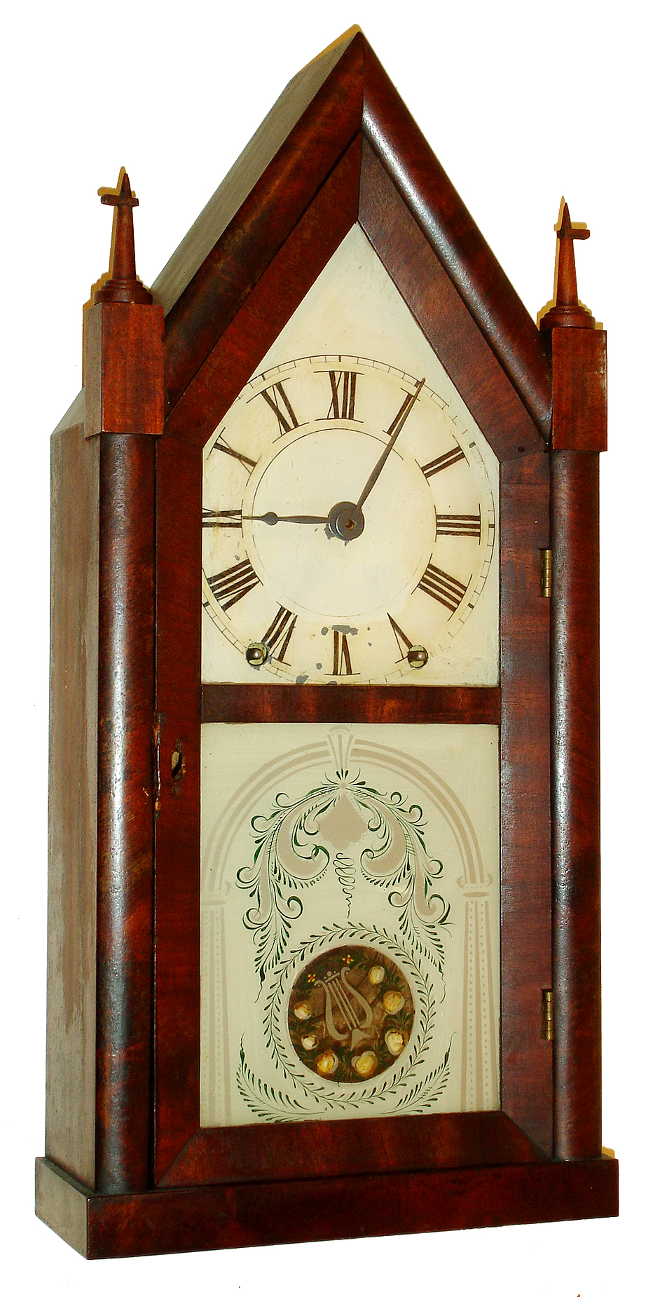 Brewster & Ingrahams, Bristol, Conn., for Daniel Pratt Jr., Boston, steeple or "Sharp Gothic" mantel clock, 30 hours plus, time and strike, brass spring driven movement in a mahogany veneer case with painted metal dial, Fenn stenciled tablet and Daniel Pratt Jr. overpaste on label, c1848 — Antique Clocks Price Guide