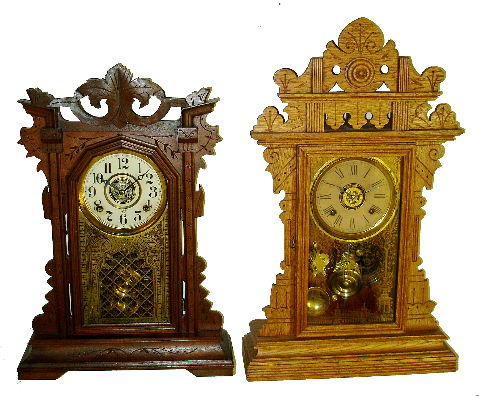 Clocks- 2 (Two) Connecticut 8 days, time and strike, and alarm parlor or kitchen shelf clocks: Ansonia oak and Ingraham "Paladin" in walnut; c.1884 — Antique Clocks Price Guide