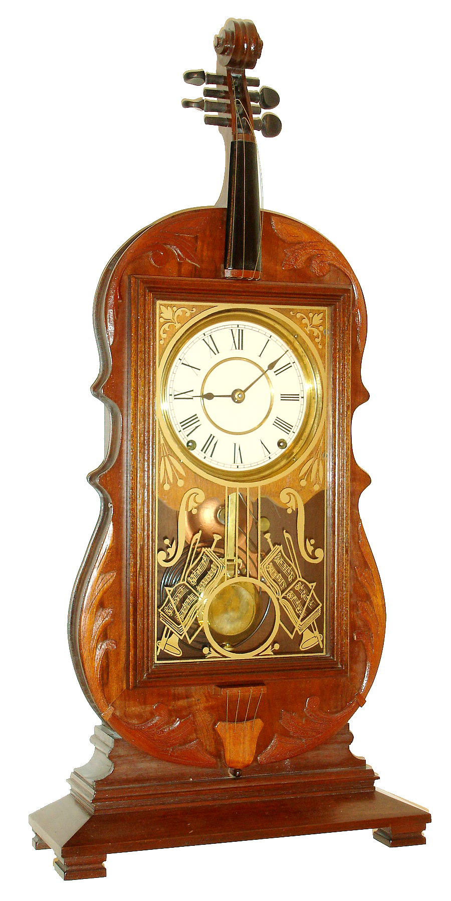 Reproduction Seth Thomas Violin mantel clock, 8 days, time and strike, spring driven Seth Thomas period lyre movement in a violin form walnut case with painted metal dial and musical themed silk screened glass, dated 1965 — Antique Clocks Price Guide