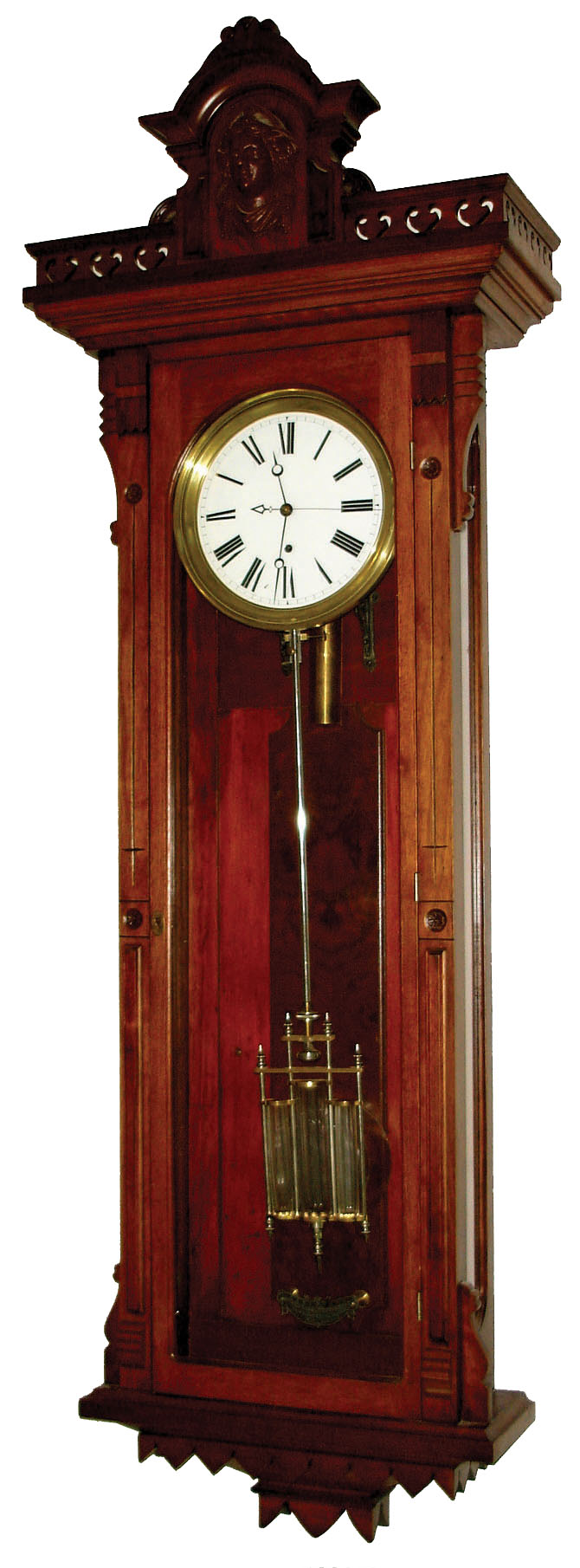 New Haven Clock Co., New Haven, Conn., "Regulator No. 2" wall clock, 8 days, time only, weight driven Swiss pinwheel deadbeat movement with sweep seconds and 3-jar mercury pendulum in walnut case with burled walnut highlights and white enamel dial, c1886 — Antique Clocks Price Guide