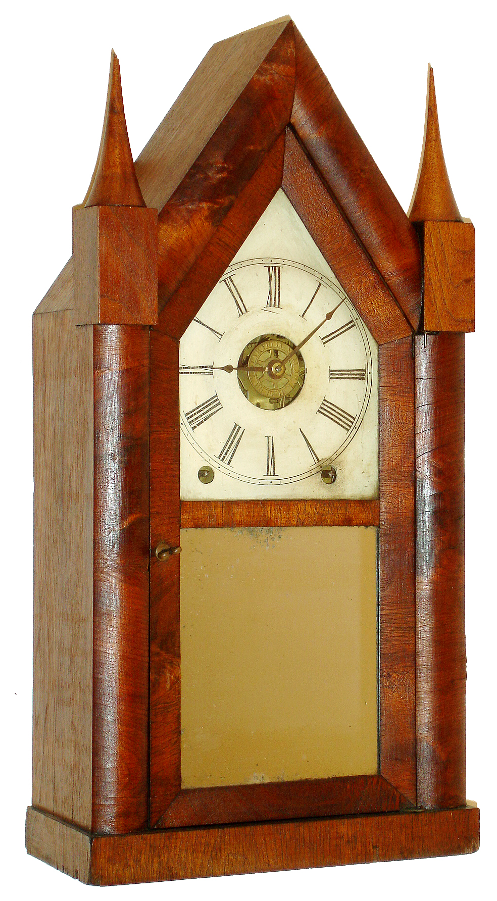 Chauncey Jerome, New Haven, Conn., steeple or "Sharp Gothic" mantel clock, 8 days, time and alarm, spring driven movement with J.S. Turner's Patent alarm in a mahogany veneer case with painted metal dial and mirror tablet, c1852 — Antique Clocks Price Guide