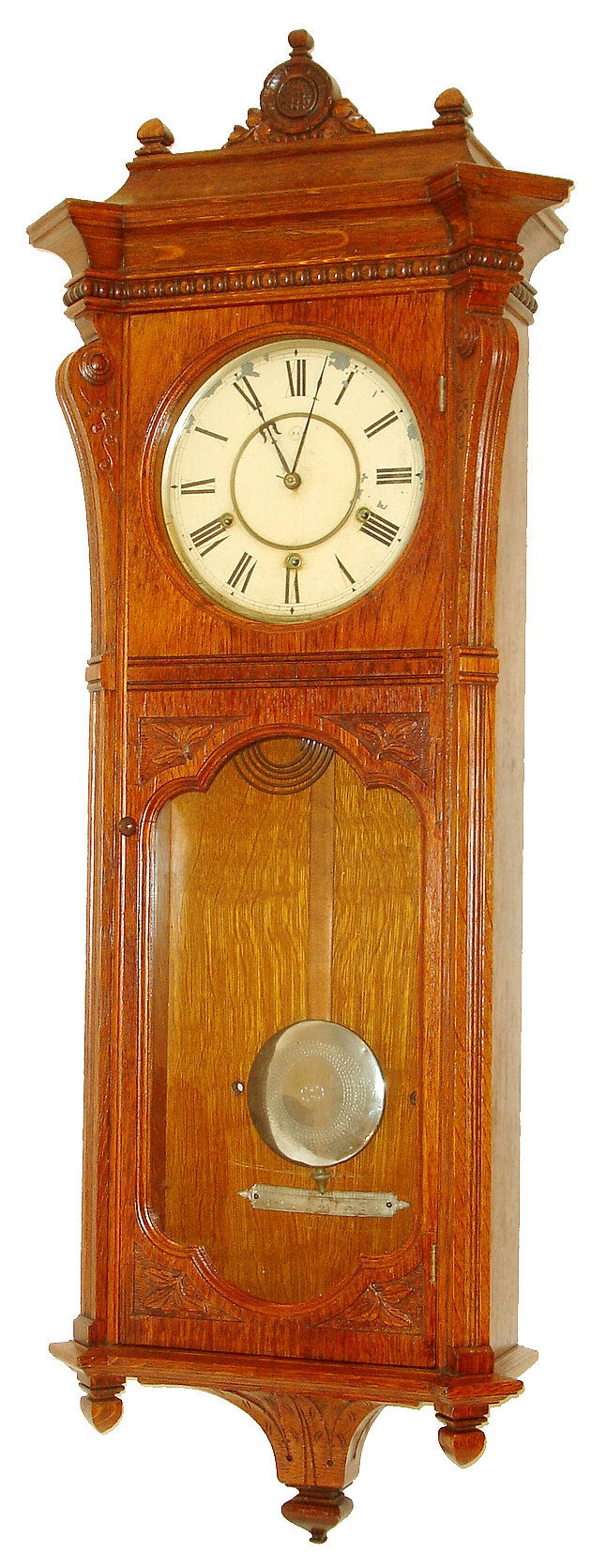 Seth Thomas Clock Co., Thomaston, Conn. "Marcy" wall clock, 8 days, time and 1/4 hour strike on two cup bells and hour strike on cathedral gong, spring driven movement in an oak case with painted metal dial, c1890 — Antique Clocks Price Guide