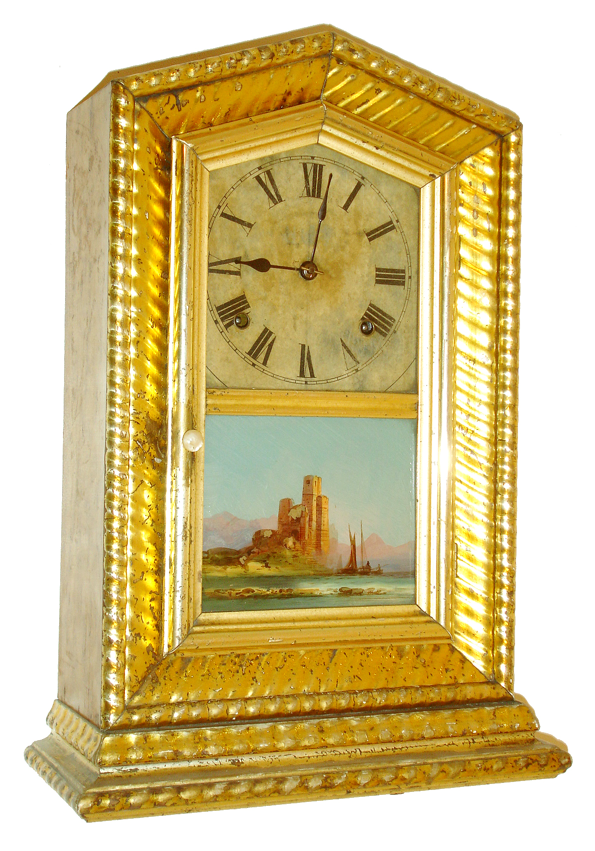 Anglo-American, Holloway & Co, London, 8 days, time and strike, gilt ripple molding shelf clock c1860. Case houses an unsigned American movement possibly made by Ansonia. — Antique Clocks Price Guide
