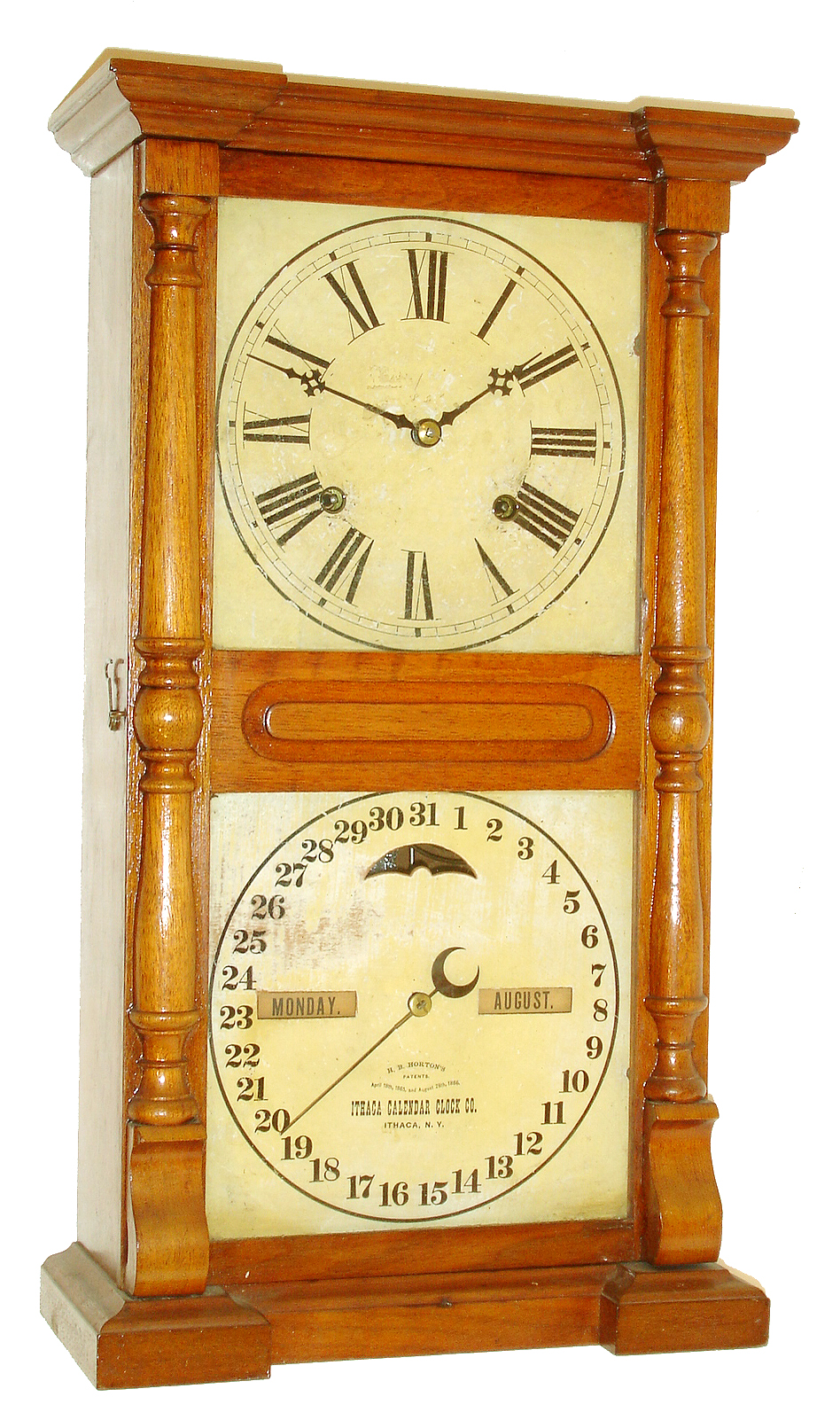 Ithaca Calendar Clock Co., Ithaca, NY, "Old Farmer's No. 10", 8 days, time and strike, double dial calendar clock, c1868 — Antique Clocks Price Guide