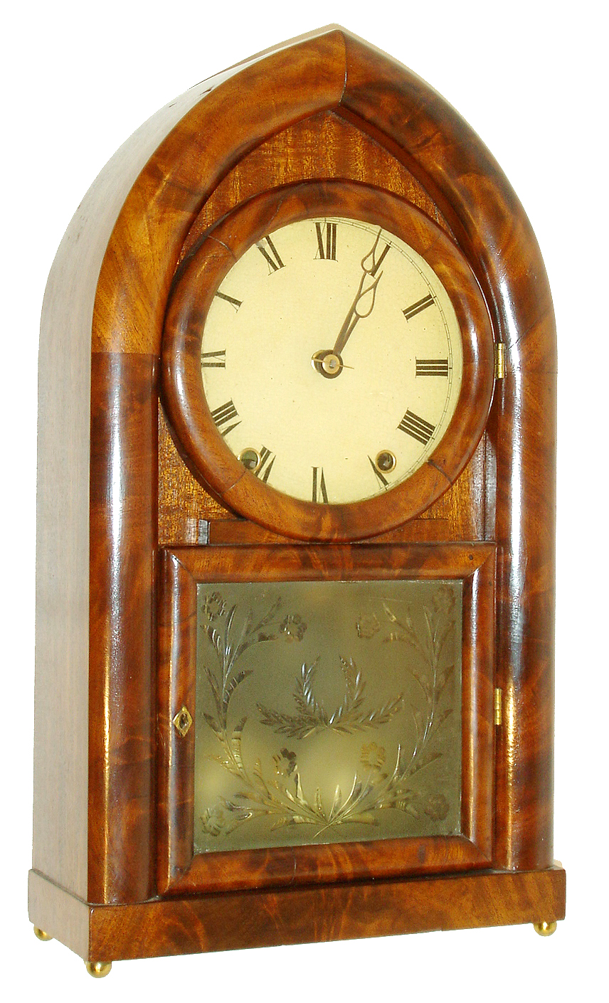 E.C. Brewster, Bristol, Ct., round gothic with detached fusees, mahogany veneered case with brass ball feet, frosted and cut tablet, Roman numeral white painted metal dial, blued steel hollow spade hands, 8 days, movement with rack striking, the front plate stamped "No. 2929", with fusees and spring barrels mounted at case bottom, backboard lined with blue green paper, coil gong with stepped square cast iron base, c1838 — Antique Clocks Price Guide