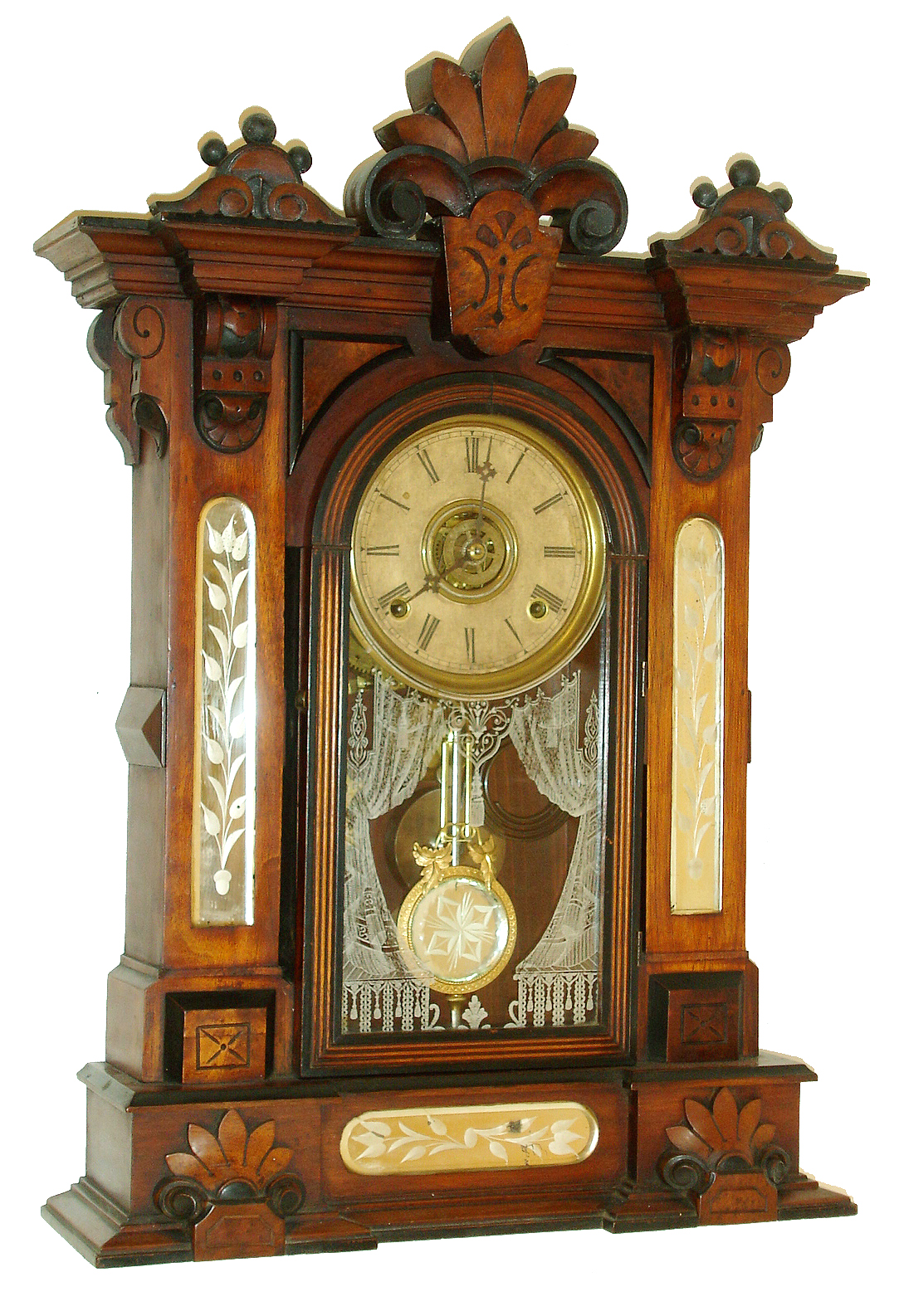 William L. Gilbert Clock Co., Winsted, Conn., "Amphion", 8 days, time and strike, and alarm walnut shelf clock, c1885l — Antique Clocks Price Guide