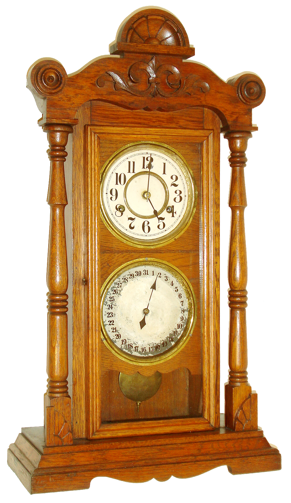 New Haven Clock Co., New Haven, Conn., "Monarch", 8 days, time and strike, double dial simple calendar shelf clock. We did not find this clock in the catalog as it must have been a special order as the original label on the back reads: "Manufactured for J. E. Martin, Knoxville, Tenn."c1890 — Antique Clocks Price Guide