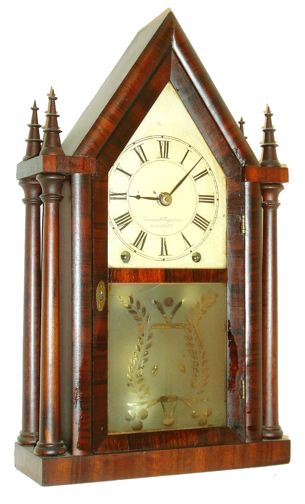 Brewster &Ingrahams, Bristol, Conn., 8 days, time and strike, four column sharp gothic or steeple clock, c1850 — Antique Clocks Price Guide