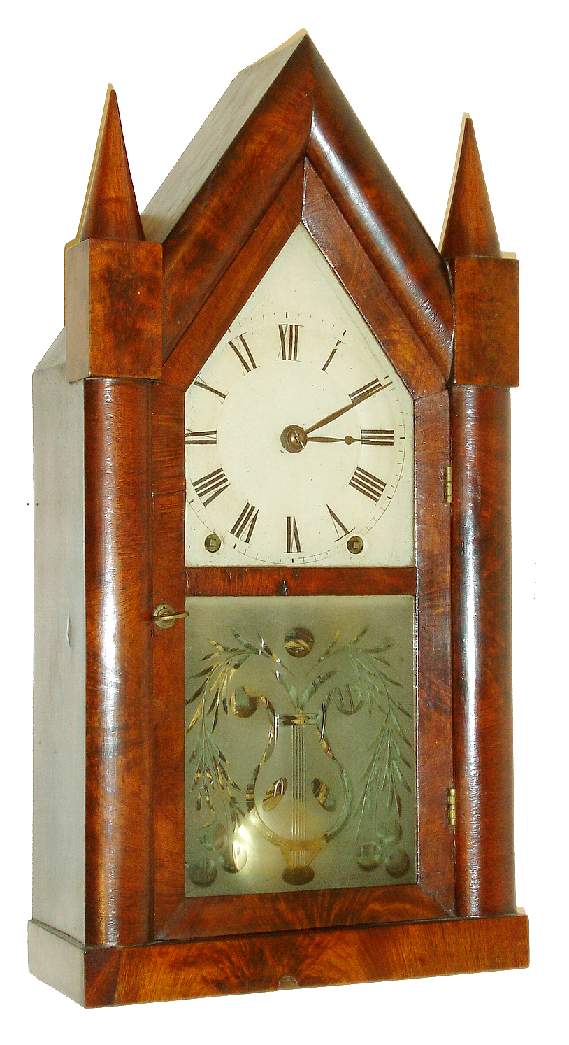Brewster & Ingrahams, Bristol, Conn., 8 days, time and strike, iron back plate Kirk's patent sharp gothic or steeple clock, c1850 — Antique Clocks Price Guide