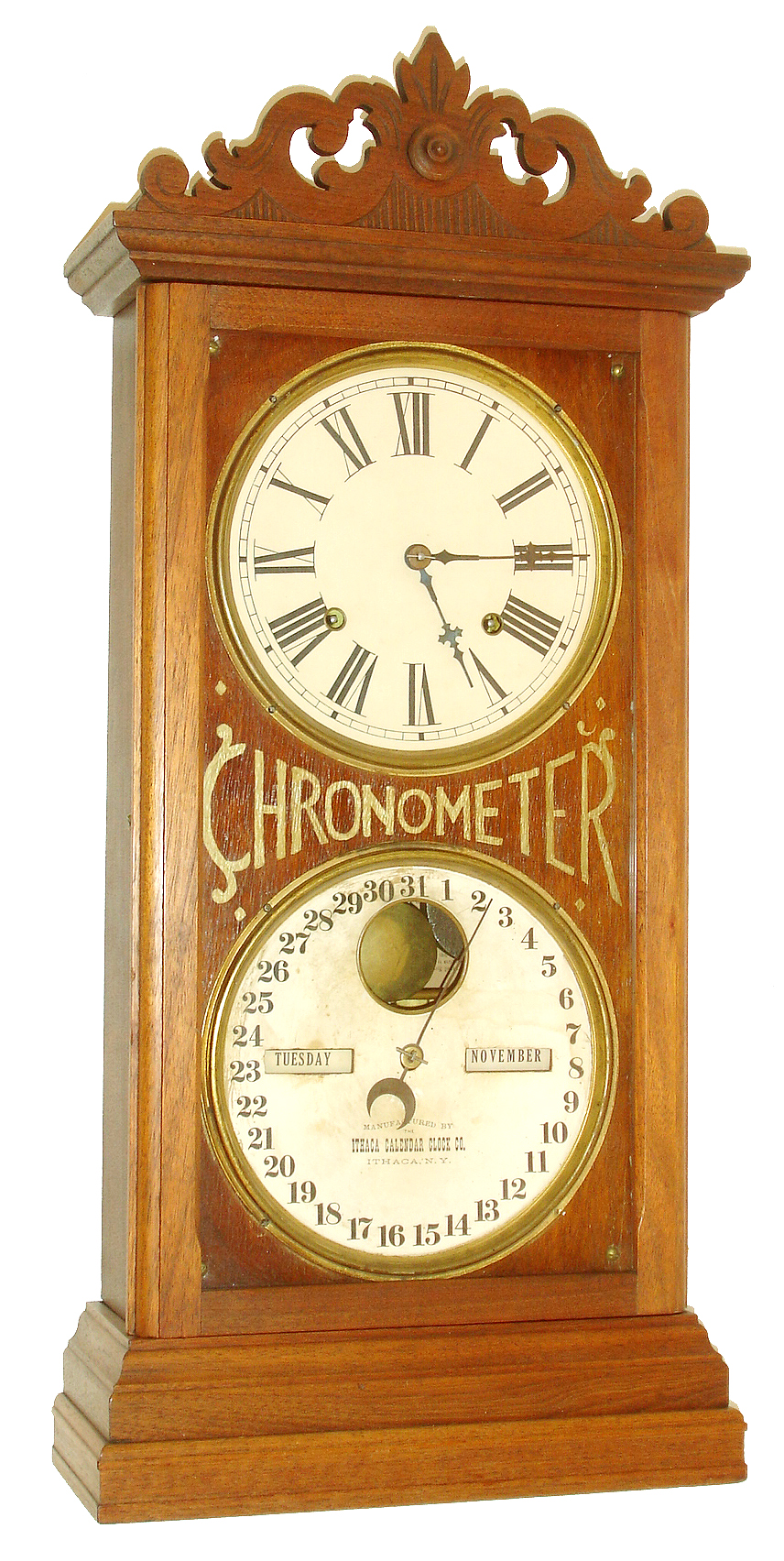 Ithaca Calendar Clock Co., Ithaca, NY, "Chronometer", 8 days, time and strike, double dial calendar shelf clock, c1885  We could not find this clock in the catalog and does not match the "Chronometer" model.  It appears more like variation of the No. 10 Farmer's model. — Antique Clocks Price Guide