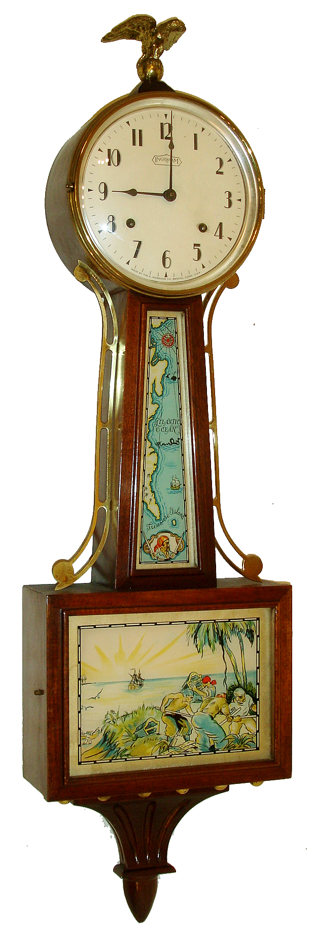 E. Ingraham & Co., Bristol, Conn., "Treasure", also referred to as "Treasure Island", 8 days, time and strike, spring banjo clock, c1934 — Antique Clocks Price Guide
