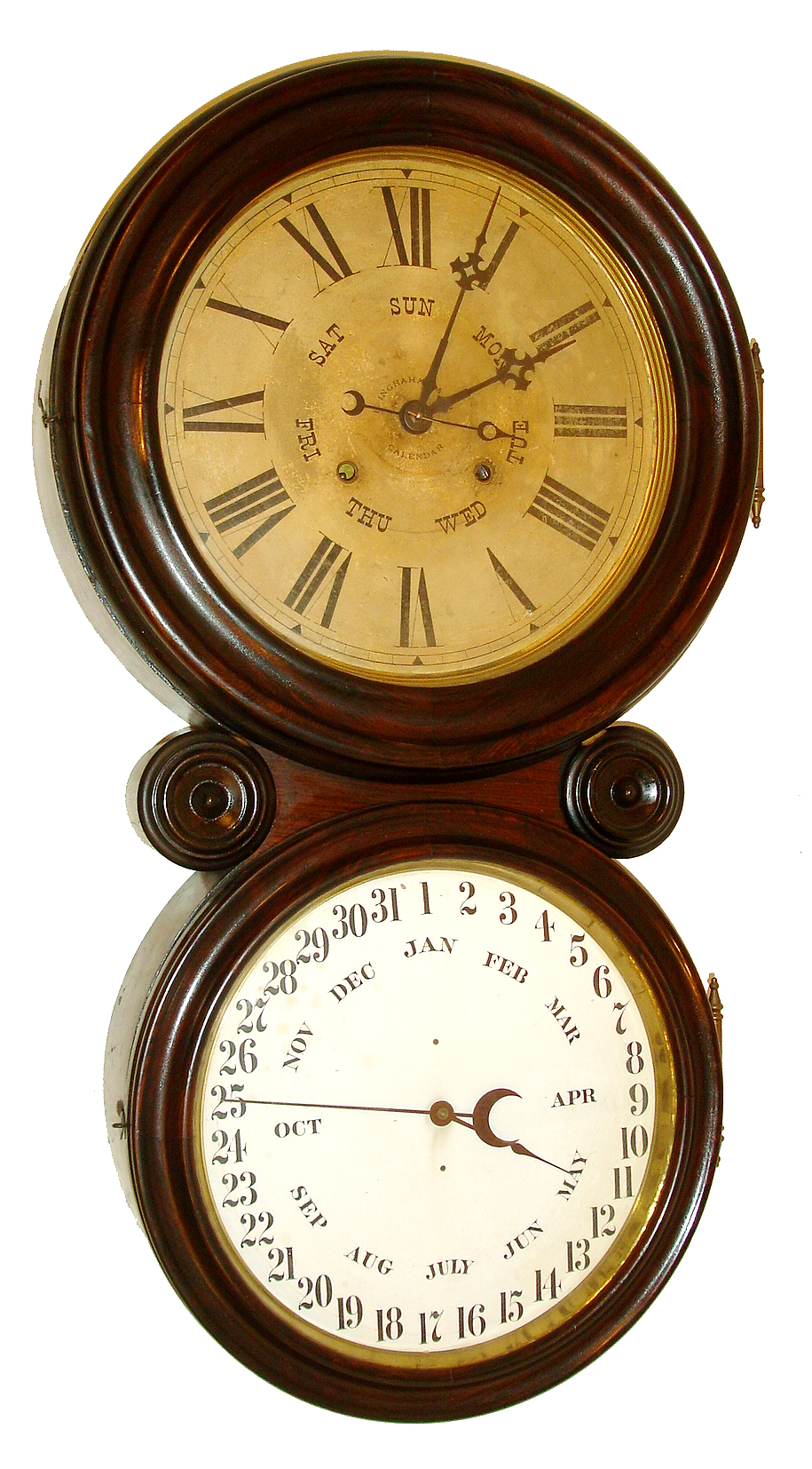 E. Ingraham Co., Bristol, Conn., "Ionic Calendar", 8 days, time and strike, double dial with B.B. Lewis calendar clock, c1886 — Antique Clocks Price Guide