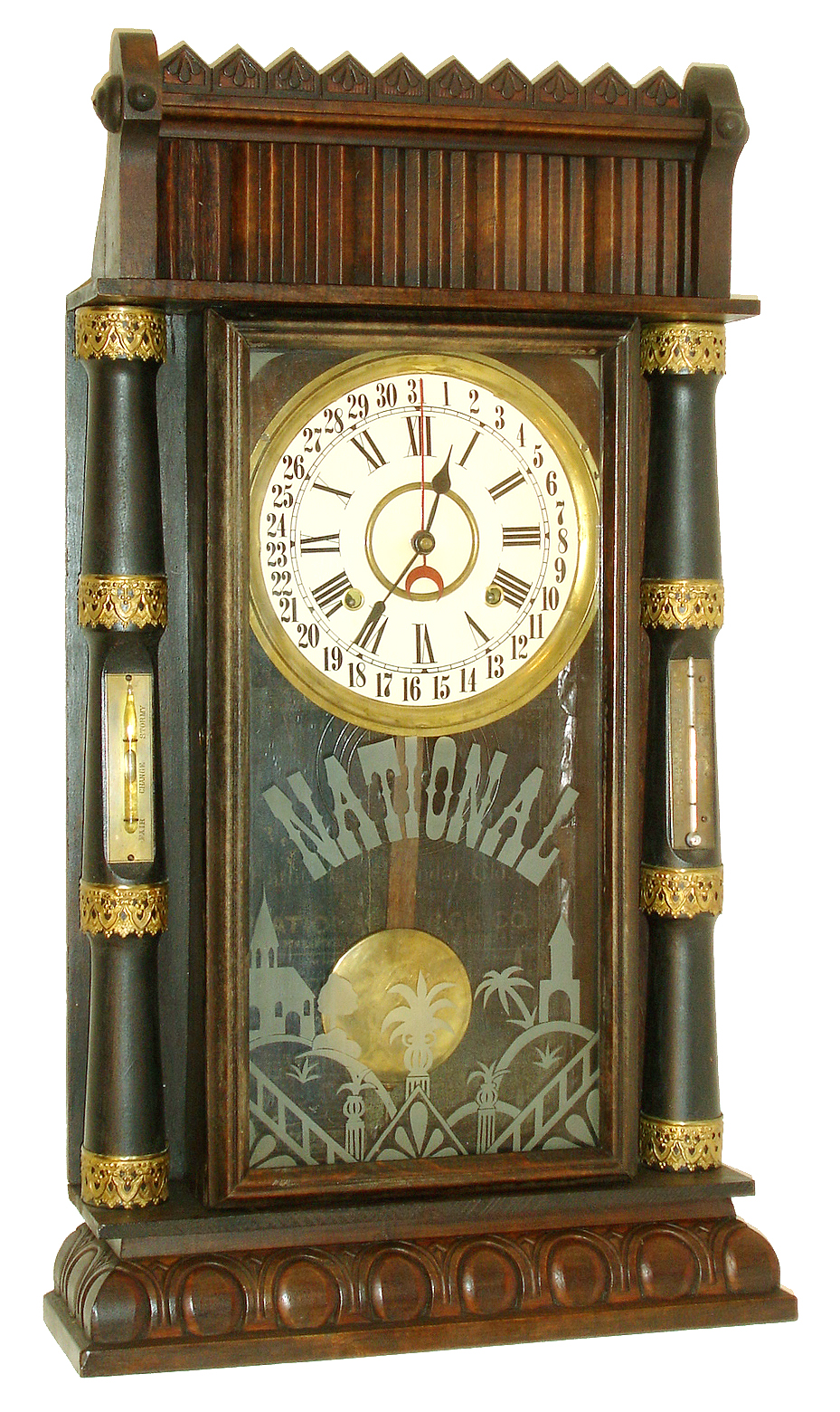 National Calendar Clock Company large column case with 8 days, time and strike, simple calendar movement shelf clock, c1912. — Antique Clocks Price Guide