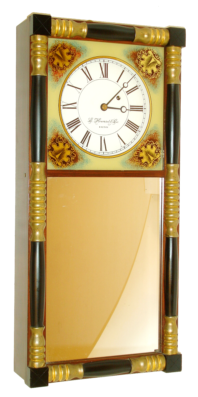 E. Howard Co., Boston, reissue of New Hampshire Mirror Clock, stained wood case with black and gold painted half columns, 8 days, weight driven time-only movement #157, c1982 — Antique Clocks Price Guide