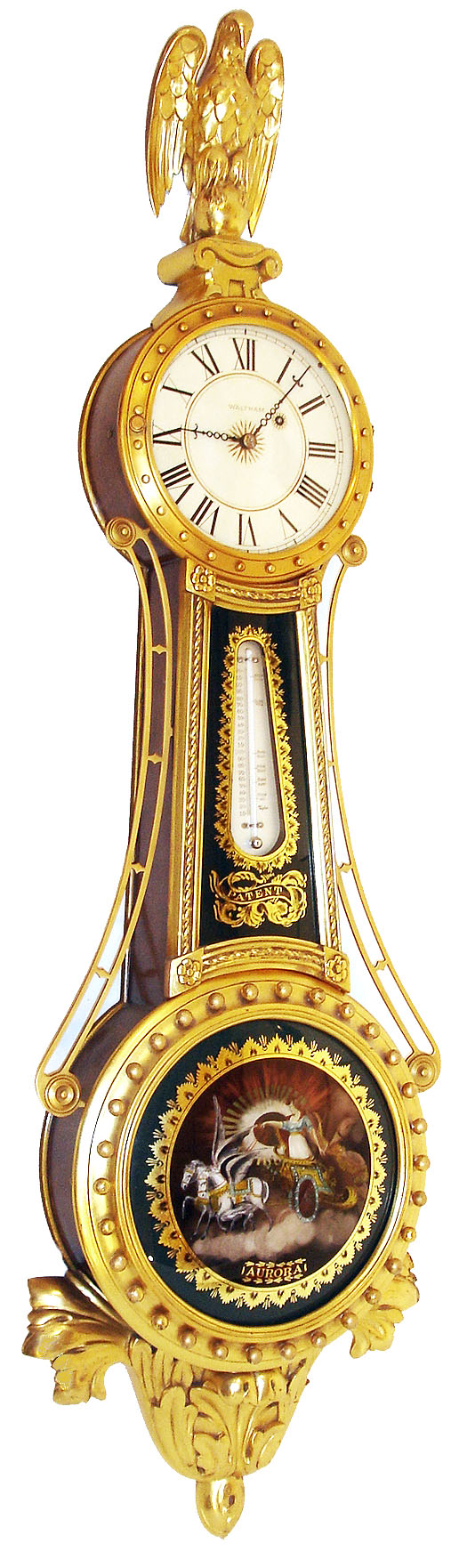 Waltham Clock Co., Waltham, Mass., "Girandole" wall clock, 8 days, time only, weight driven movement in a gold leafed mahogany case with Taylor thermometer, reverse painted convex throat and lower tablets and painted iron dial, serial #9, c1925 — Antique Clocks Price Guide