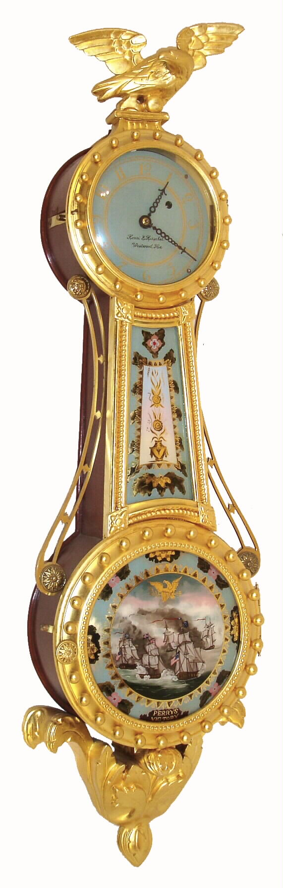 Henri Herschel, Westwood, Mass., 8 days, miniature girandole reproduction, c1990 This person made other clocks such as pillar & scroll and Mass. shelf clocks. — Antique Clocks Price Guide