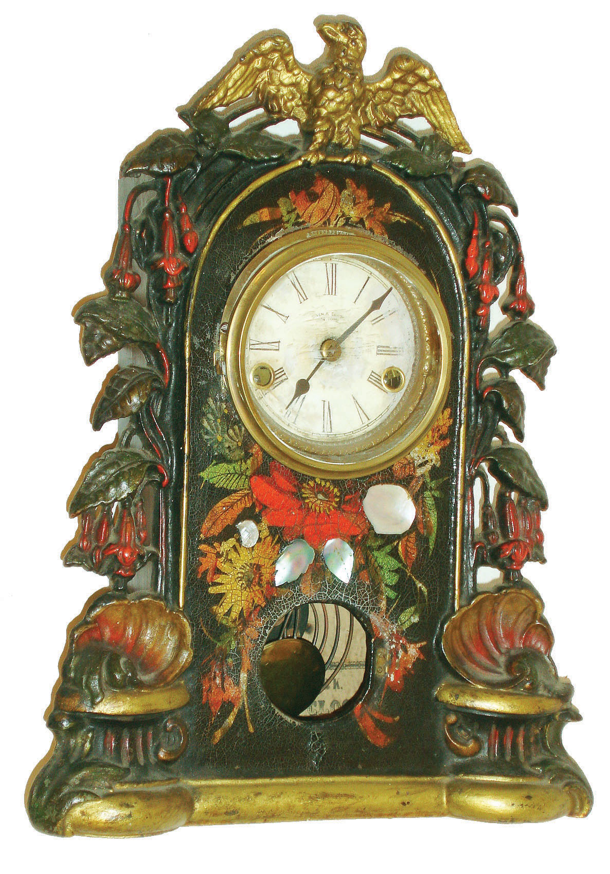 Owen & Clark, New York, 30 hour, time and strike, MOP with painted decoration iron front shelf clock, c1860 — Antique Clocks Price Guide