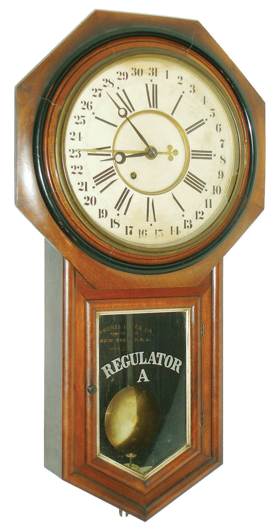 Ansonia Clock Co., Ansonia, Conn., "Regulator A Calendar", 8 days, wall calendar timepiece, c1891 — Antique Clocks Price Guide