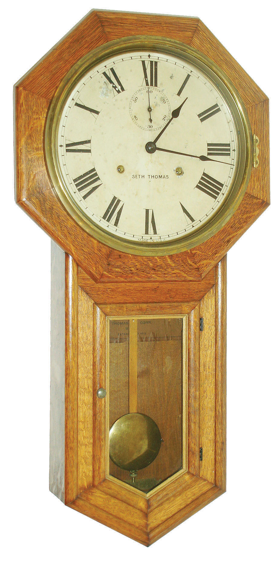 Seth Thomas Clock Co., Thomaston, Conn., "World", 15 day, wall timepiece, long drop octagon case, c1909 — Antique Clocks Price Guide