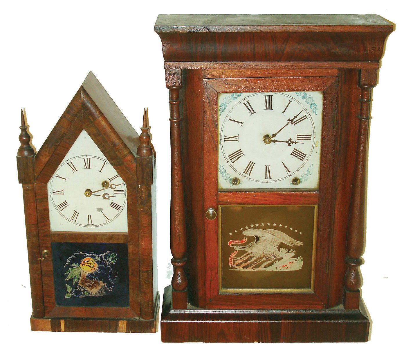 Clocks- 2 (Two): (1) Ansonia Brass Co. 30 hours, miniature sharp gothic or steeple timepiece, c. 1860 and (2) Ansonia Clock Co. 8 days, time and strike, small column & cornice shelf clock, c. 1870. — Antique Clocks Price Guide