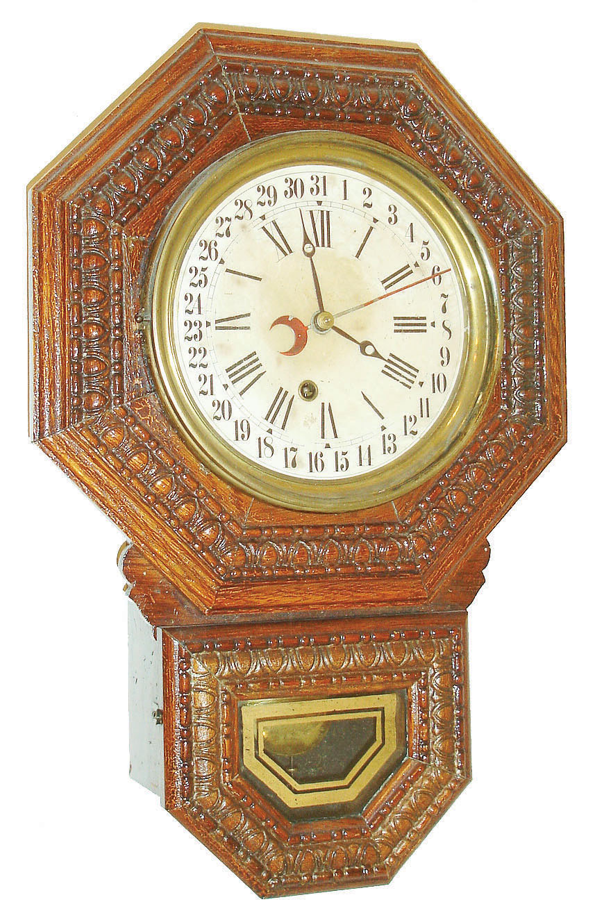 E. Ingraham & Co., Bristol, Conn., "8-Inch Drop Octagon", 8 days, spring brass movement wall calendar clock or timepiece, c1915 — Antique Clocks Price Guide