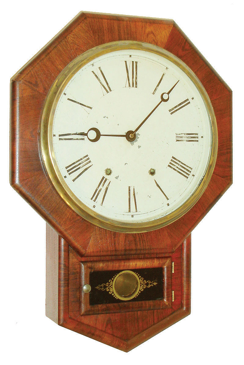 Jerome & Co., (New Haven Clock Co.), New Haven, Conn., 8 days, time and strike, rosewood veneered schoolhouse wall clock, c1875 — Antique Clocks Price Guide