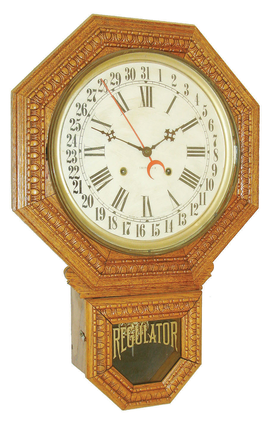 E. Ingraham & Co., Bristol, Conn., "12-Inch Drop Octagon", 8 days, time and strike, pressed oak case calendar wall clock, c1907 — Antique Clocks Price Guide