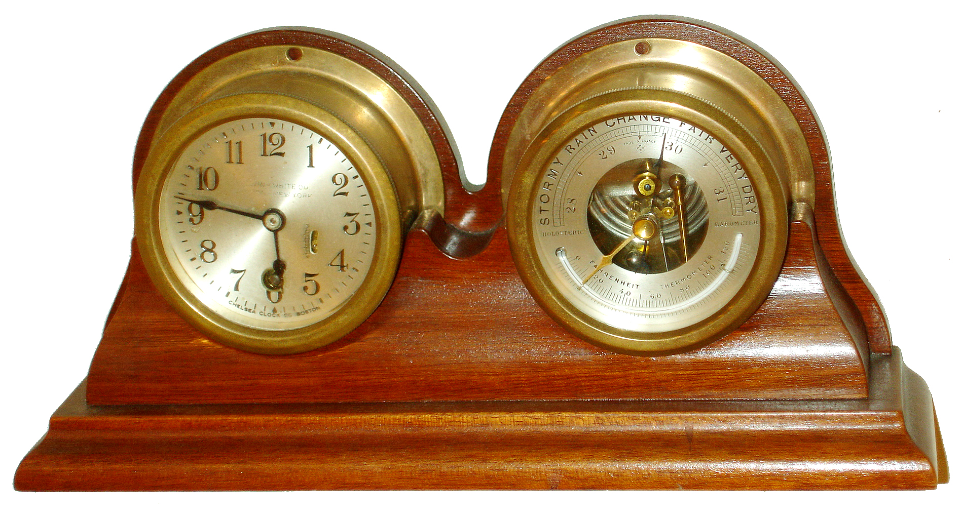 Chelsea Clock Co., Boston, for Kelvin White, New York, 3" time only brass clock and barometer set in mahogany cradle, #231830, 1937 — Antique Clocks Price Guide