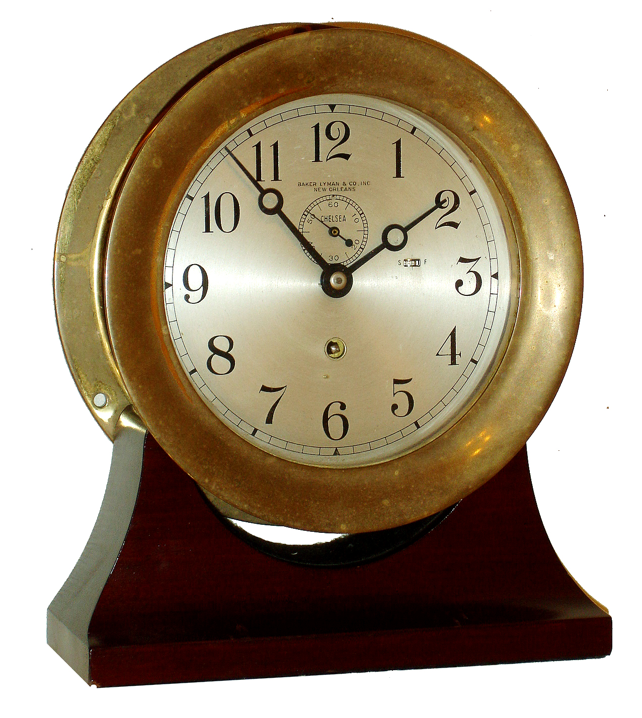 Chelsea Clock Co., Boston, "Marine" 6" dial for "Baker Lyman & Co., Inc., New Orleans" brass screw-bezel wall clock, #783620, with non-matching wood cradle, c1974 — Antique Clocks Price Guide