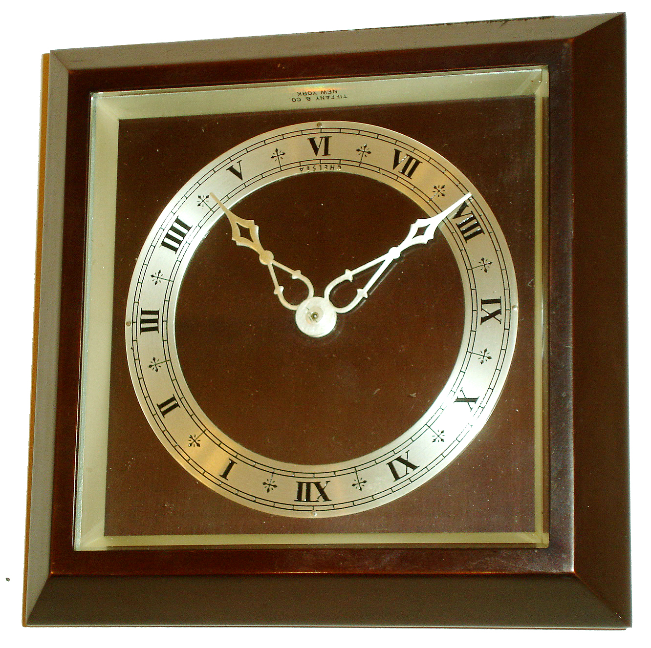 Chelsea Clock Co., Boston, for Tiffany & Co., New York, bronze 8 days, easel-style time only desk clock, #549289, c1948 — Antique Clocks Price Guide