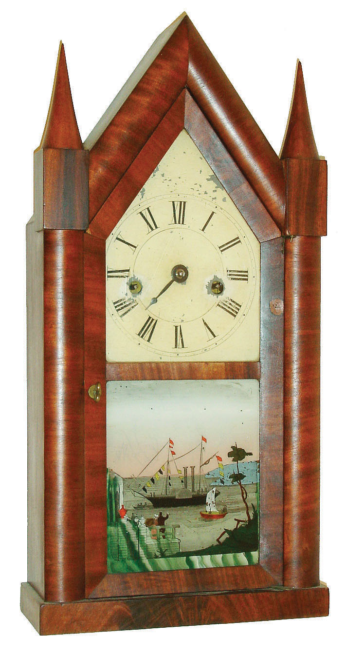Elisha Manross, Bristol, Conn., 30 hour, time and strike, sharp gothic or steeple clock, c1845 — Antique Clocks Price Guide