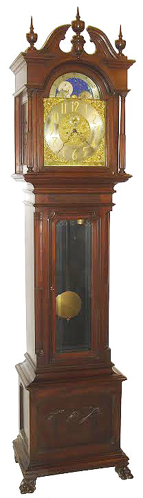 Seth Thomas Clock Co., Thomaston, Conn, Mahogany HALL CLOCK, 8 days, time and gong strike with engraved and gilt brass dial with rolling moon and raised gilt numerals case door with heavily beveled glass, c1902 — Antique Clocks Price Guide