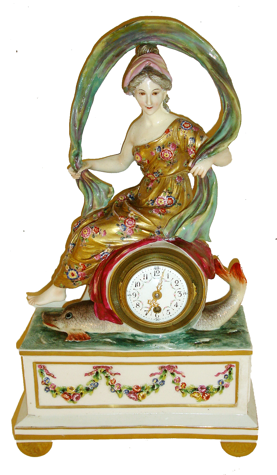 French mantel clock, porcelain case with figure of a woman seated on the clock and carried by a dolphin, her dress in gold and decorated with flowers, the dolphin with painted scales, base with polychrome floral swags, gilt trim and feet, Arabic numeral white enamel dial with floral ornament, Louis XV style hands, time only movement with lever platform, c1900 — Antique Clocks Price Guide