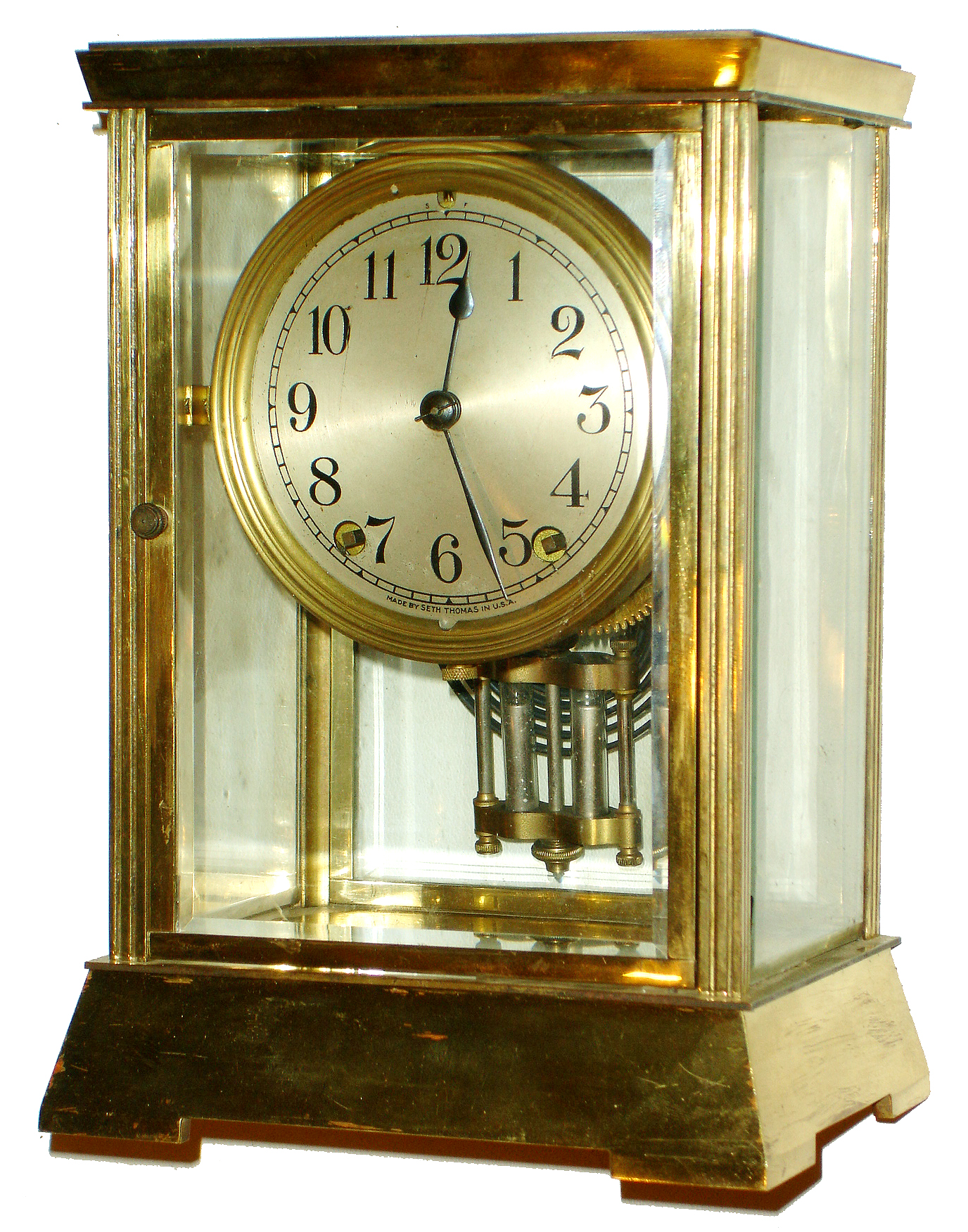 Seth Thomas Clock Co. "Empire No. 302" brass and glass time and strike, 8 days, crystal regulator, c1917 — Antique Clocks Price Guide