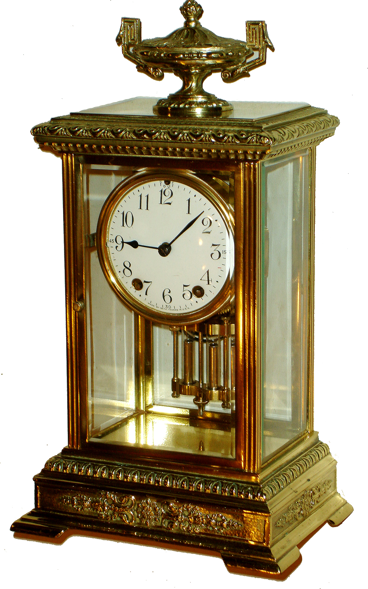 Seth Thomas Clock Co., Thomaston, Conn., "Empire No.18 with Urn" 8 days, time and strike, brass and glass crystal regulator mantel clock, c1909 — Antique Clocks Price Guide