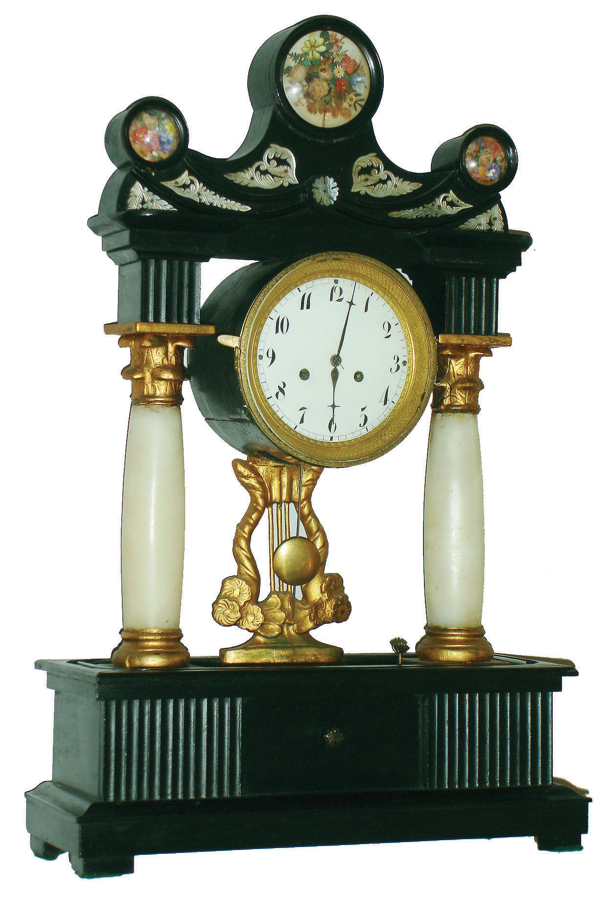 Austrian painted wood and alabaster column two-day time and strike, portico mantel clock, c1840 — Antique Clocks Price Guide