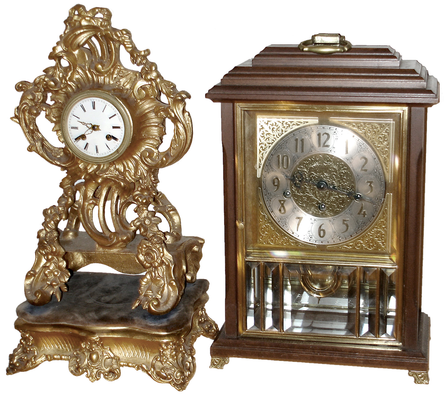 Clocks- 2 (Two) 8 days, mantel clocks: French cast metal time and strike, on padded carved gilt wood base, c1850; Ansonia "Gold Medallion" modern wood and beveled glass bracket clock with German chiming movement, c1980 — Antique Clocks Price Guide