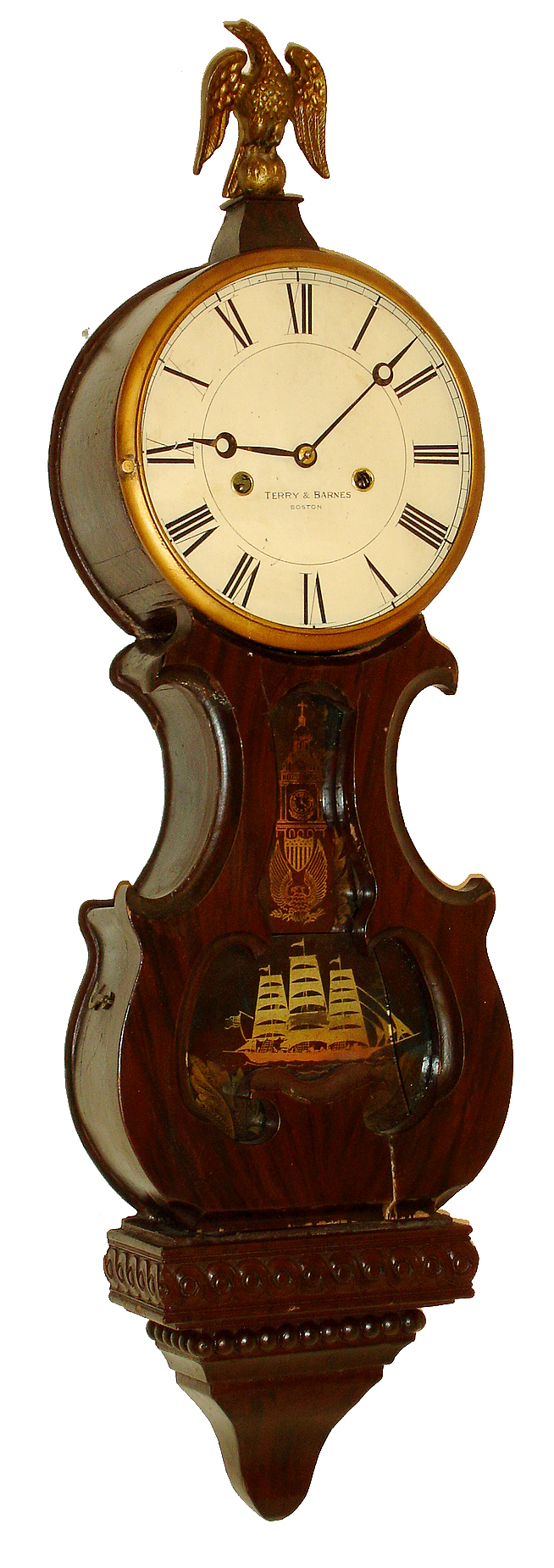 Terry & Barnes, Boston, Mass., diminutive lyre wall clock, 30 hours, time and strike, spring driven movement in a rosewood grained case with painted metal dial and reverse painted tablet, c1856 — Antique Clocks Price Guide