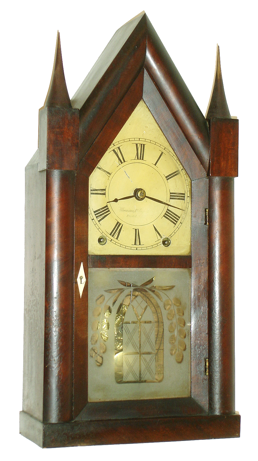 Brewster & Ingrahams, Bristol, Conn., 8 days, time and strike, mahogany veneer sharp gothic or steeple clock, c1845 — Antique Clocks Price Guide
