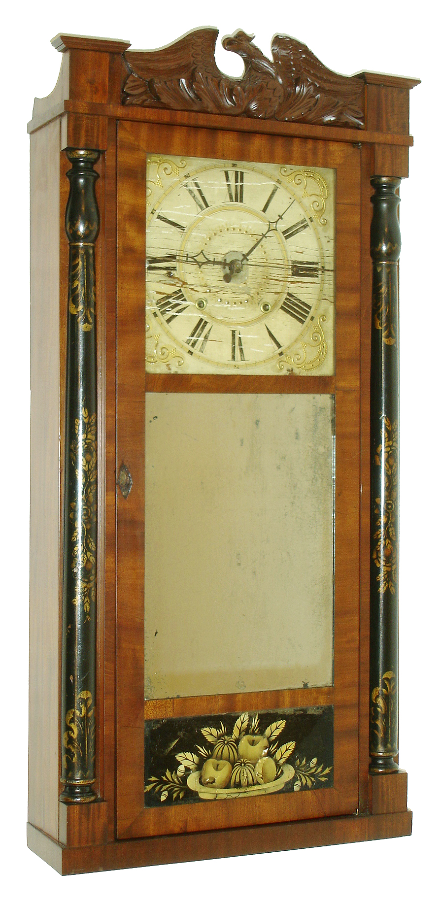 Frederick Heisely, Sen., Harrisburg, PA., 8 days, time and strike, weight brass movement half column & splat shelf clock, c1830. Movement made by Heisely that he fitted to a Jeromes and Darrow case with his label overpasted on the Connecticut label. — Antique Clocks Price Guide