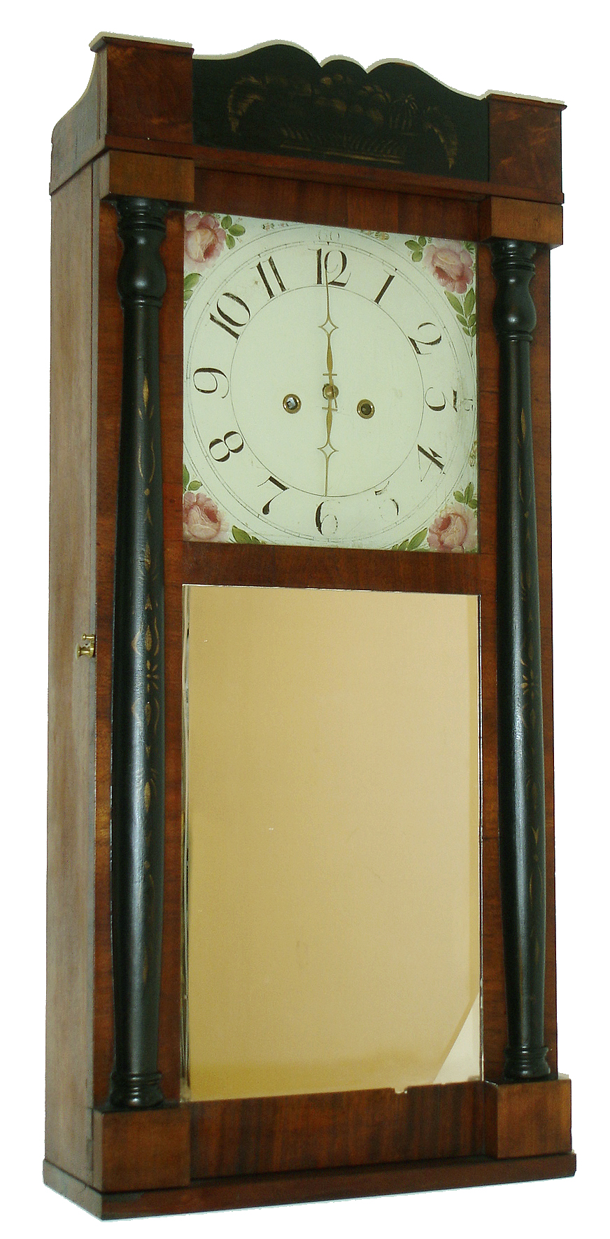 Unknown, Pennsylvania, 8 days, time and strike, weight brass movement half column & splat shelf clock, c1833. Case looks to have been locally made based on a Connecticut example because the method of construction is different from those made in Connecticut. — Antique Clocks Price Guide