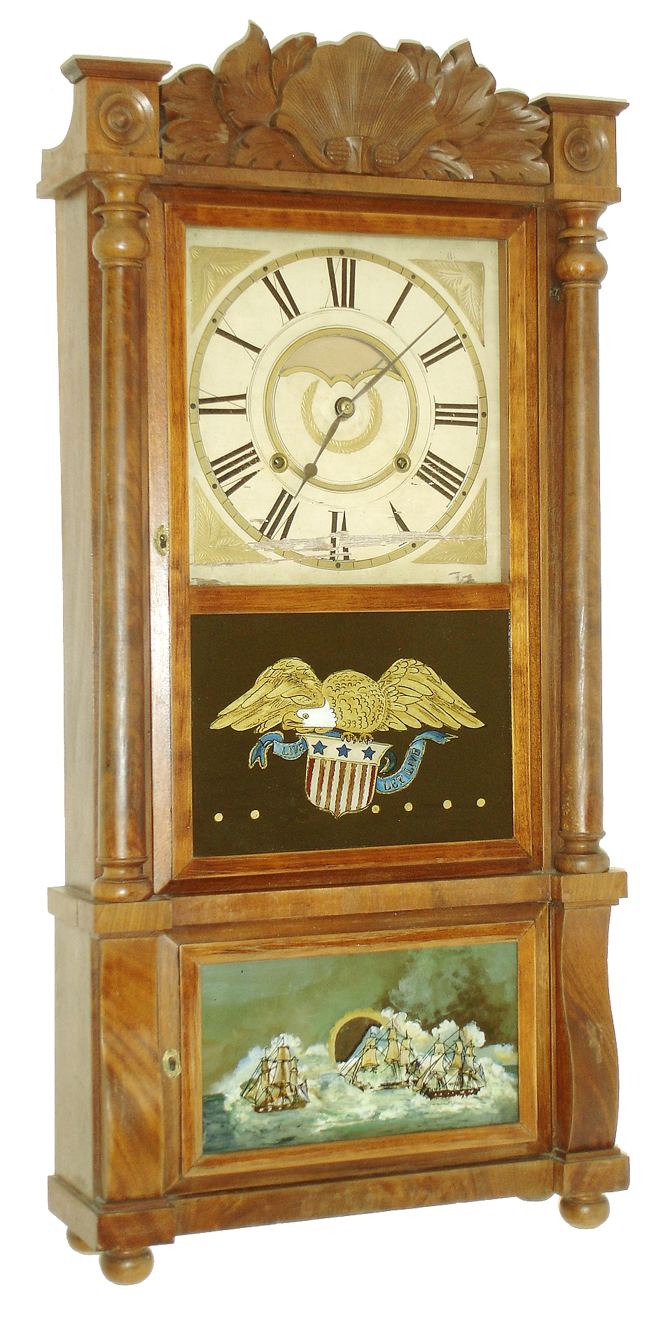 Birge, Mallory & Co., Bristol, Conn., 8 days, time and strike, weight drive, strap brass movement column & carved splat shelf clock, c1845 — Antique Clocks Price Guide
