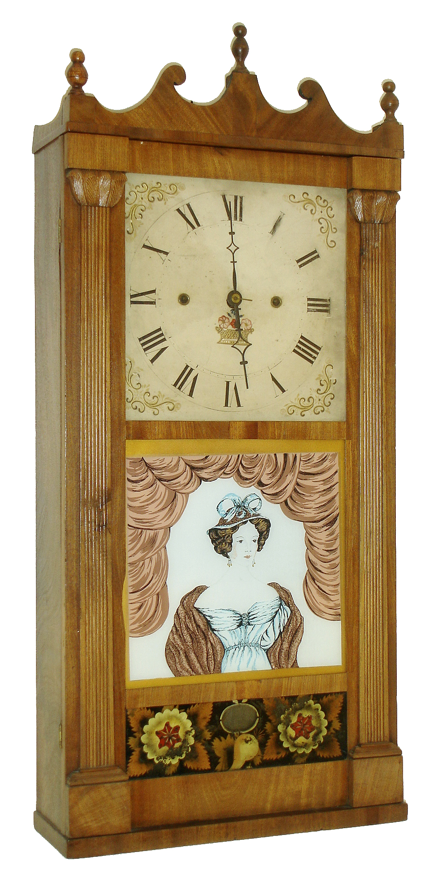 Unknown, (possibly a Jerome, Darrow & Co.), Bristol, Conn., 30 hour, time and strike, weight wood "groaner" movement, reeded pilaster & scroll top shelf clock, c1824 — Antique Clocks Price Guide