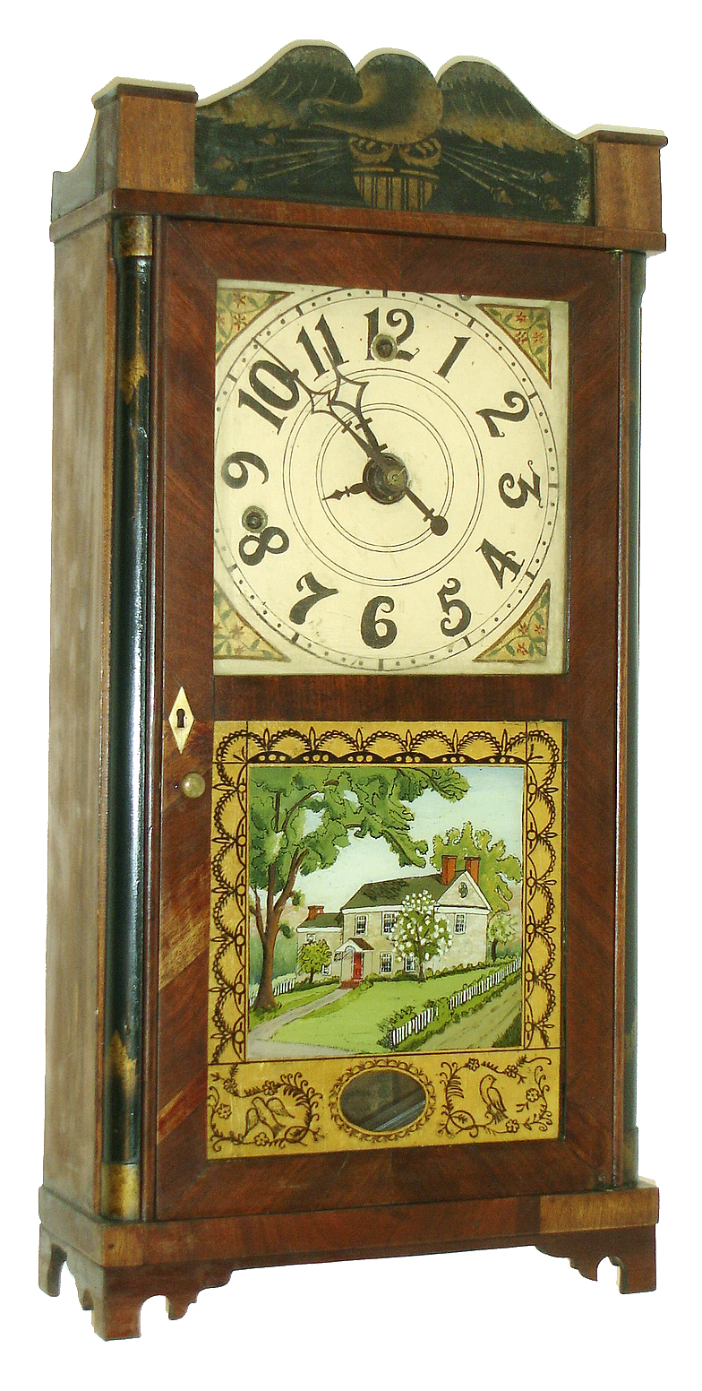 Silas Hoadley, Plymouth, Conn., 30 hour, time and alarm weight wood movement quarter column and splat miniature timepiece, c1828 — Antique Clocks Price Guide