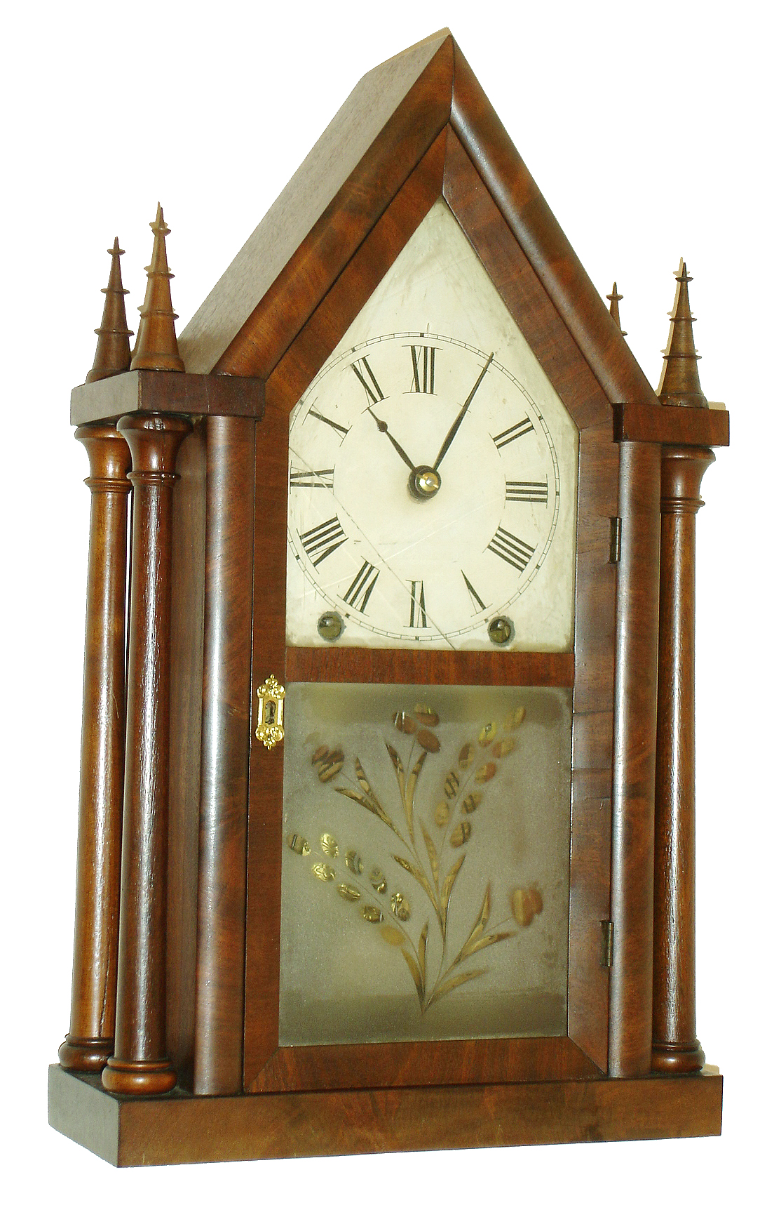 Brewster & Ingrahams, Bristol, Conn., 8 days, time and strike, four pillar sharp gothic or steeple clock, c1845 — Antique Clocks Price Guide
