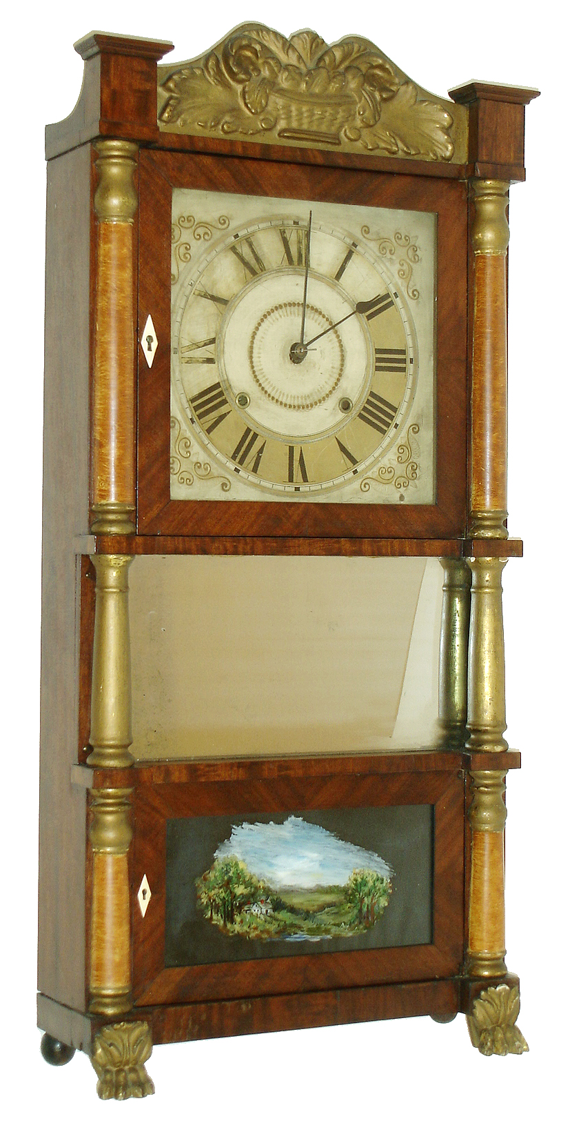 John Birge for George Mitchell, Bristol, Conn., 8 days, time and strike, early Ives'-style strap movement (2-wt),  triple decker shelf clock, c1831. — Antique Clocks Price Guide